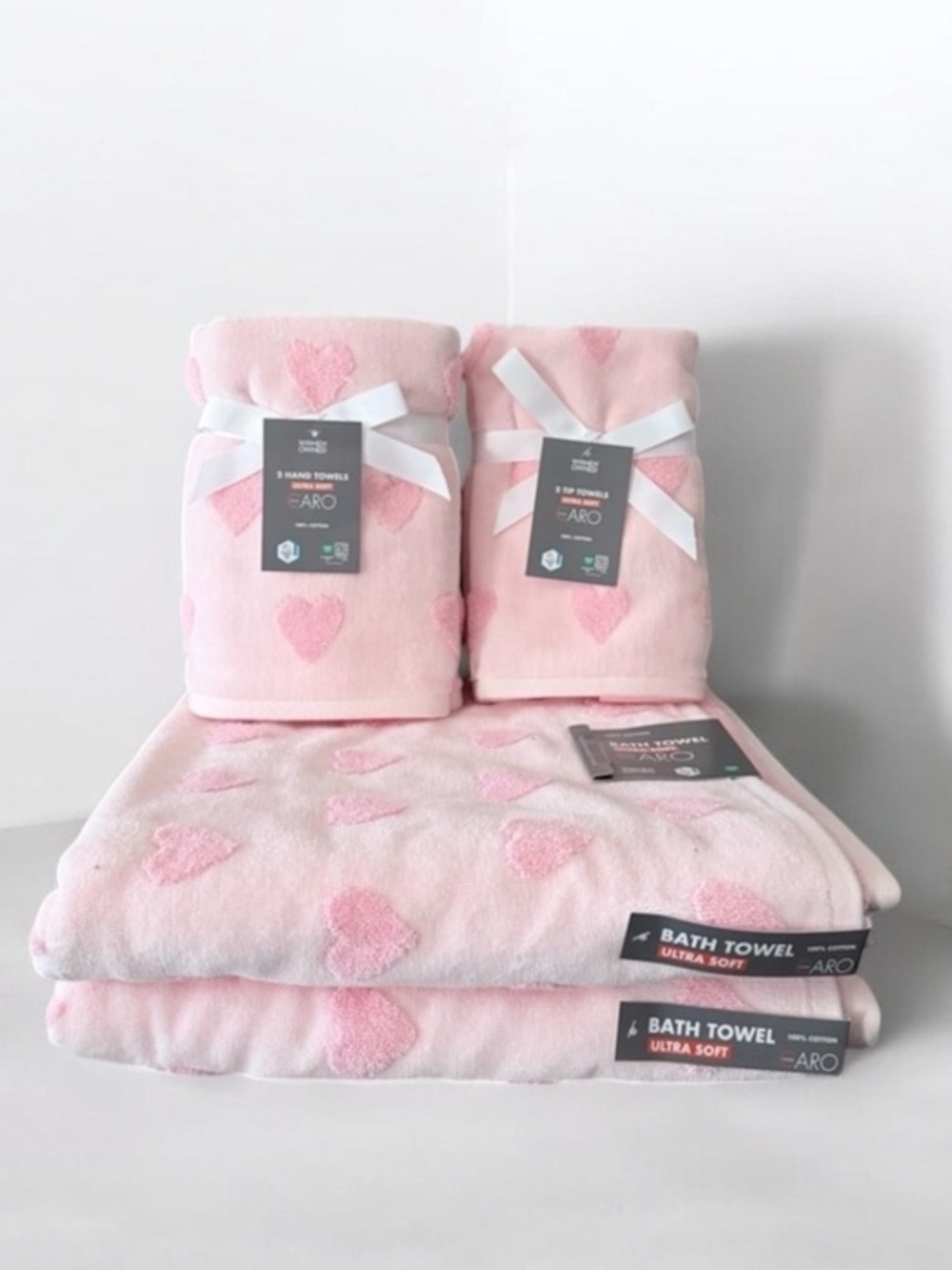 8 Pink Heart Bath and Hand Towel 8 pieces Set